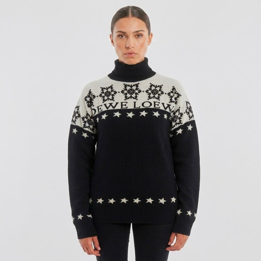 Loewe Turtleneck Sweater Snowflake Intarsia Star 100% Wool Knit Black Size XS